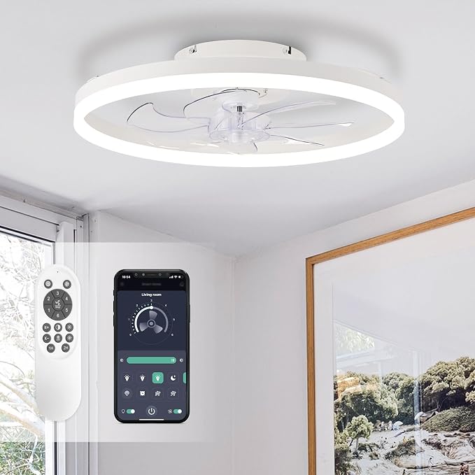 Ceiling Fans with Lights,20" Low Profile Ceiling Fan with Remote Control, Modern Flush Mount Ceiling Fan,White Fan Light for