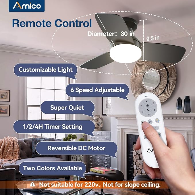 Ceiling Fans with Lights, 30 inch Low Profile Ceiling fan with Light and Remote Control, Flush Mount, Reversible, 3CCT