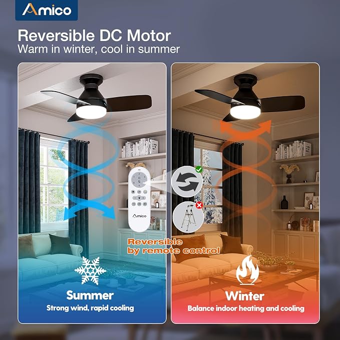 Ceiling Fans with Lights, 30 inch Low Profile Ceiling fan with Light and Remote Control, Flush Mount, Reversible, 3CCT