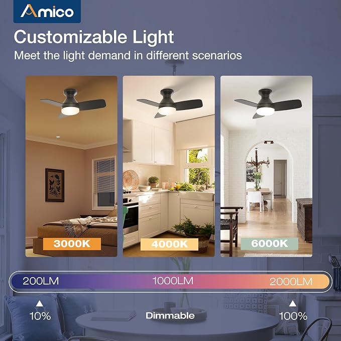 Ceiling Fans with Lights, 30 inch Low Profile Ceiling fan with Light and Remote Control, Flush Mount, Reversible, 3CCT