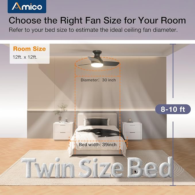 Ceiling Fans with Lights, 30 inch Low Profile Ceiling fan with Light and Remote Control, Flush Mount, Reversible, 3CCT