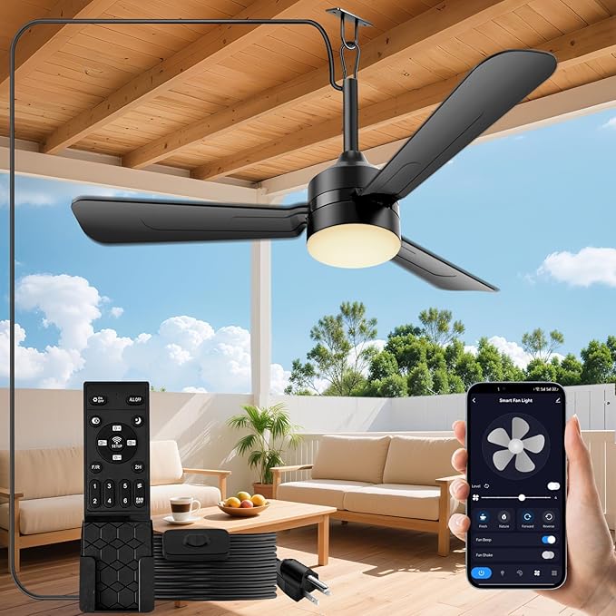 Ceiling Fans with Lights,36.5" Plug in Ceiling Fan Light,Gazebo Fan Light,LED Fan Light Hanging with Hook,Hook Type