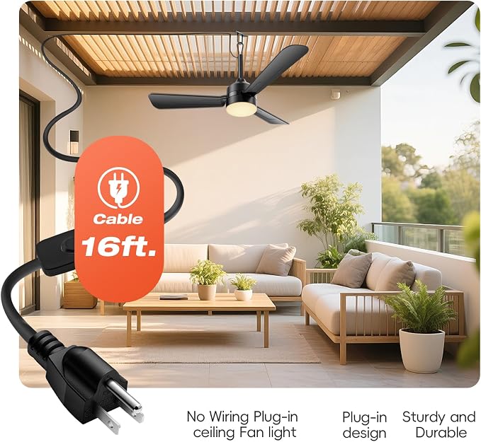 Ceiling Fans with Lights,36.5" Plug in Ceiling Fan Light,Gazebo Fan Light,LED Fan Light Hanging with Hook,Hook Type