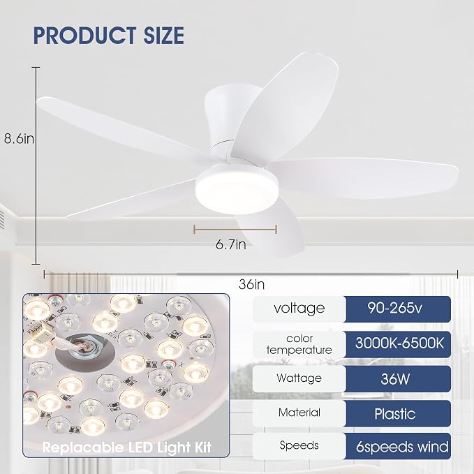 Ceiling Fans with Lights-36 Low Profile Ceiling Fan with Light and Remote/APP Control, Flush Mount, DC, alternate view 7