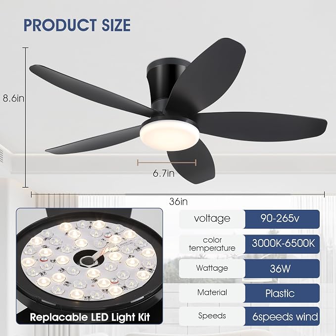 Ceiling Fans with Lights-36 Low Profile Ceiling Fan with Light and Remote/APP Control, Flush Mount, DC, alternate view 5