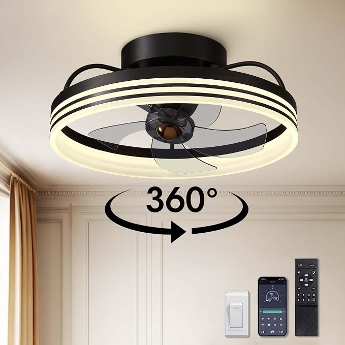 Ceiling Fans with Lights, 360° Rotating Ceiling Fan with Lights and Remote, 6 Wind Speeds Smart Low Profile Ceiling Fan for