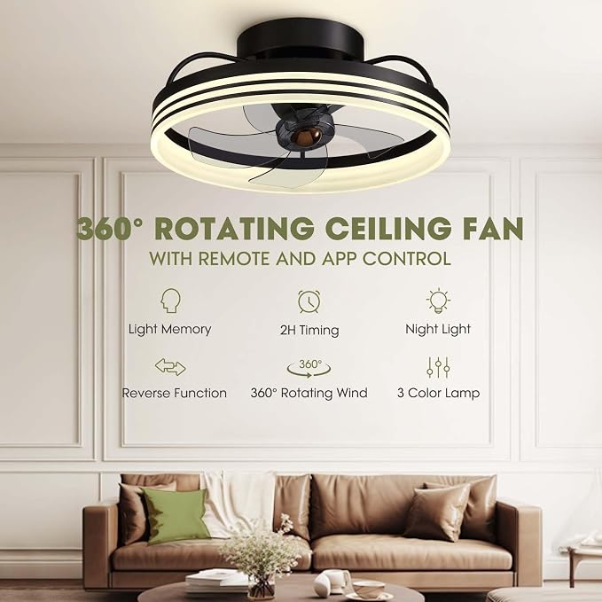 Ceiling Fans with Lights, 360° Rotating Ceiling Fan with Lights and Remote, 6 Wind Speeds Smart Low Profile Ceiling Fan for