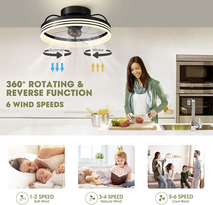 Ceiling Fans with Lights, 360° Rotating Ceiling Fan with Lights and Remote, 6 Wind Speeds Smart Low Profile Ceiling Fan for