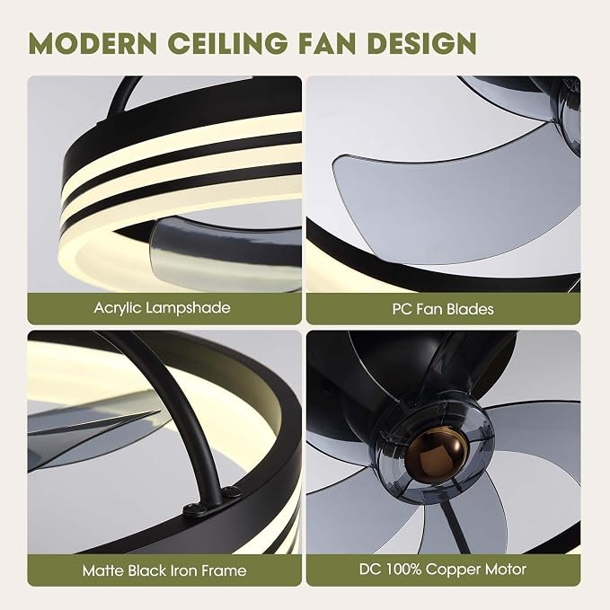 Ceiling Fans with Lights, 360° Rotating Ceiling Fan with Lights and Remote, 6 Wind Speeds Smart Low Profile Ceiling Fan for