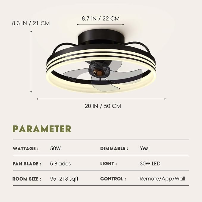 Ceiling Fans with Lights, 360° Rotating Ceiling Fan with Lights and Remote, 6 Wind Speeds Smart Low Profile Ceiling Fan for