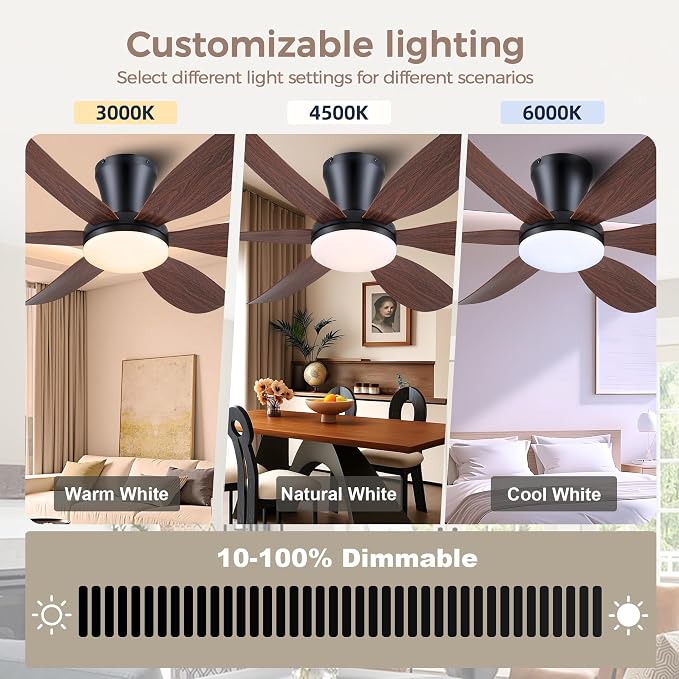 Ceiling Fans with Lights,42" Flush Mount Ceiling Fan with Light and Remote Control,Low Profile, Reversible, Dimmable