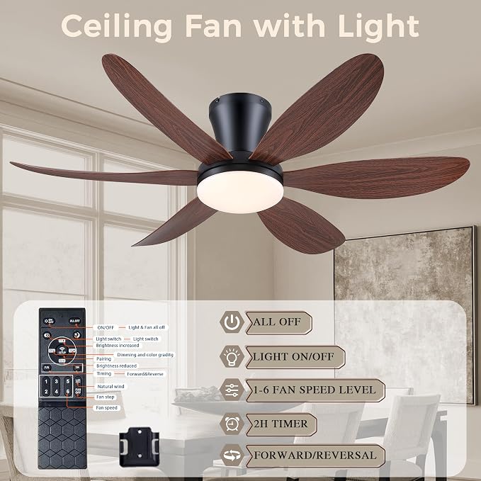 Ceiling Fans with Lights,42" Flush Mount Ceiling Fan with Light and Remote Control,Low Profile, Reversible, Dimmable