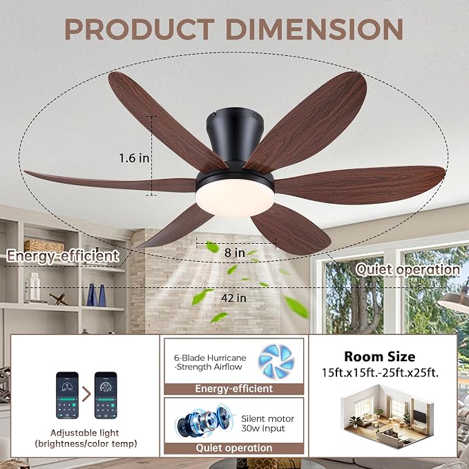 Ceiling Fans with Lights,42" Flush Mount Ceiling Fan with Light and Remote Control,Low Profile, Reversible, Dimmable