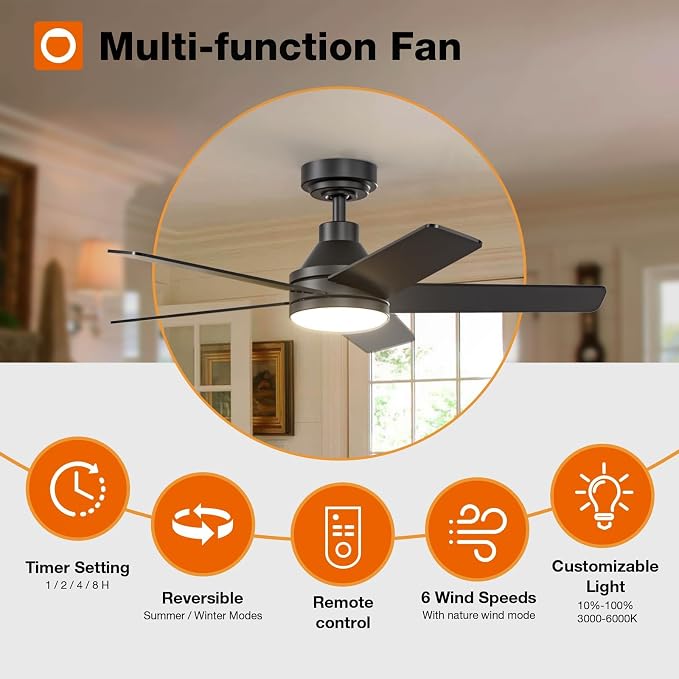 Ceiling Fans with Lights, 42 inch Black Ceiling Fan with Light and Remote Control, Reversible, 3CCT, Dimmable, Noiseless