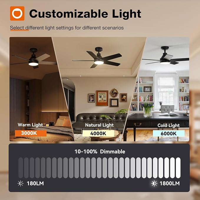 Ceiling Fans with Lights, 42 inch Black Ceiling Fan with Light and Remote Control, Reversible, 3CCT, Dimmable, Noiseless