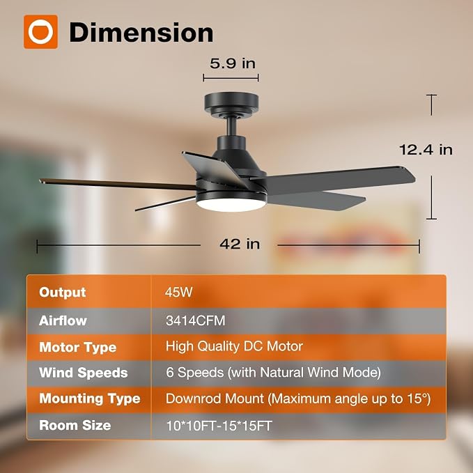 Ceiling Fans with Lights, 42 inch Black Ceiling Fan with Light and Remote Control, Reversible, 3CCT, Dimmable, Noiseless