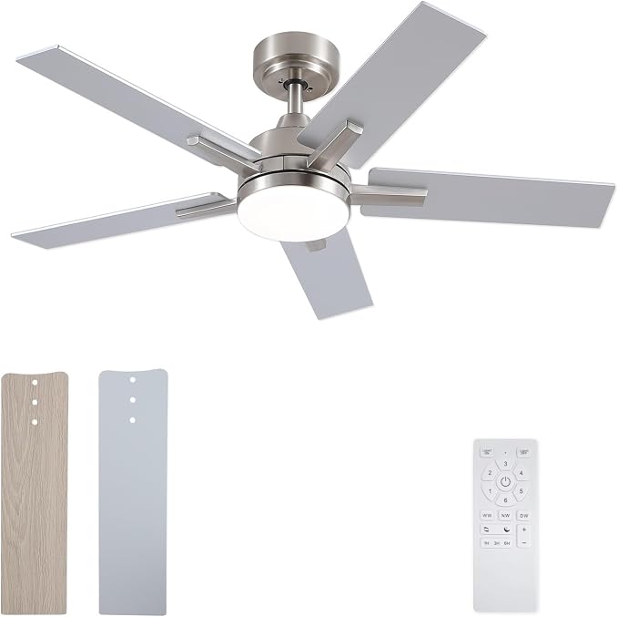 Ceiling Fans with Lights, 42 Inch Brushed Nickel Ceiling Fans with Lights and Remote Control, Reversible, 3CCT, Dimmable