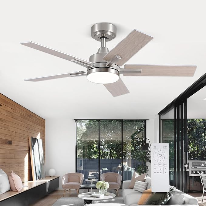 Ceiling Fans with Lights, 42 Inch Brushed Nickel Ceiling Fans with Lights and Remote Control, Reversible, 3CCT, Dimmable