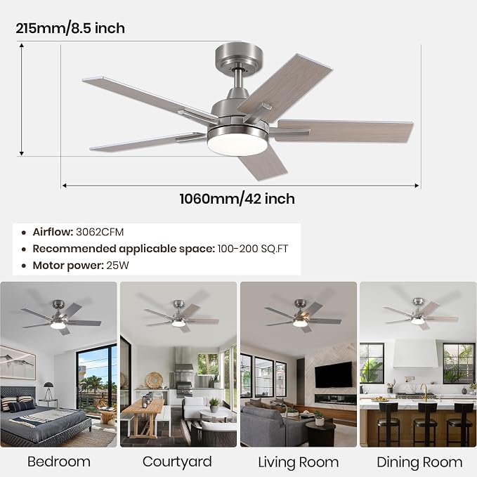 Ceiling Fans with Lights, 42 Inch Brushed Nickel Ceiling Fans with Lights and Remote Control, Reversible, 3CCT, Dimmable