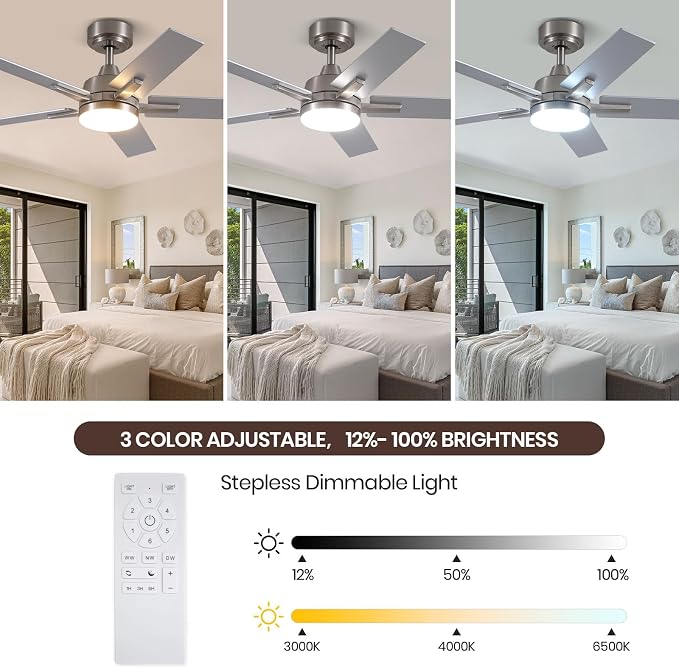 Ceiling Fans with Lights, 42 Inch Brushed Nickel Ceiling Fans with Lights and Remote Control, Reversible, 3CCT, Dimmable