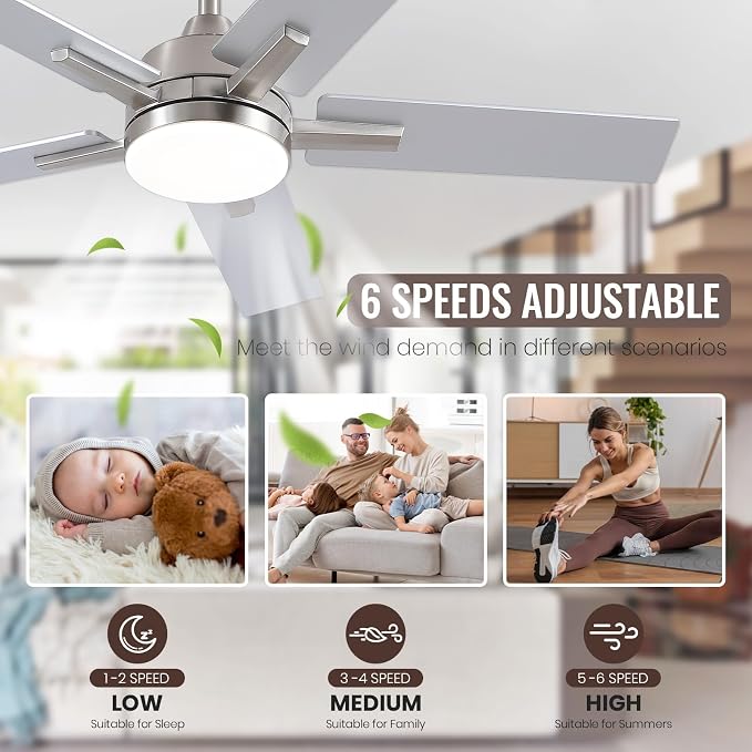 Ceiling Fans with Lights, 42 Inch Brushed Nickel Ceiling Fans with Lights and Remote Control, Reversible, 3CCT, Dimmable