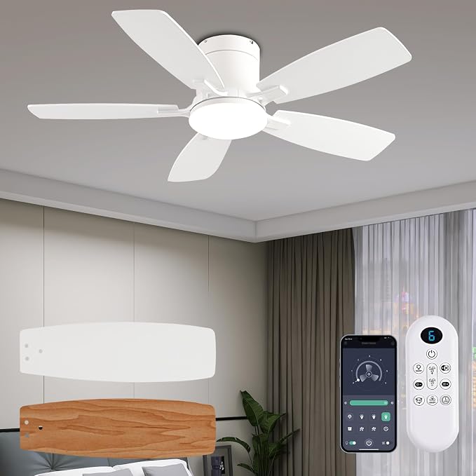 Ceiling Fans with Lights, 42 inch Low Profile Ceiling Fan with Light and Remote Control, Flush Mount, Reversible Motor