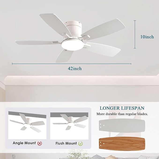 Ceiling Fans with Lights, 42 inch Low Profile Ceiling Fan with Light and Remote Control, Flush Mount, Reversible Motor