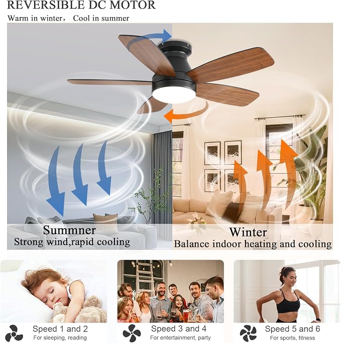 Ceiling Fans with Lights, 42 Inch Low Profile Ceiling Fan with Light and Remote/App Control, Flush Mount, Reversible, 3CCT