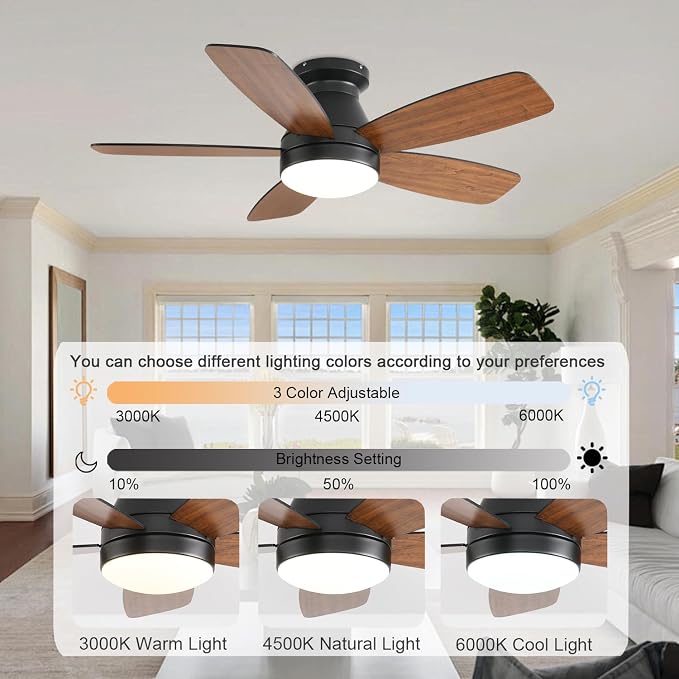 Ceiling Fans with Lights, 42 Inch Low Profile Ceiling Fan with Light and Remote/App Control, Flush Mount, Reversible, 3CCT