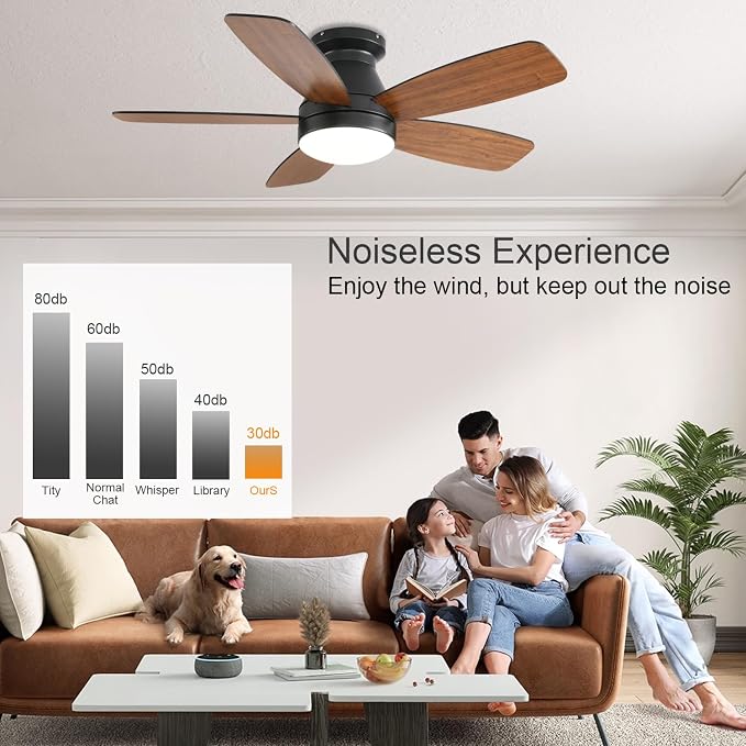 Ceiling Fans with Lights, 42 Inch Low Profile Ceiling Fan with Light and Remote/App Control, Flush Mount, Reversible, 3CCT
