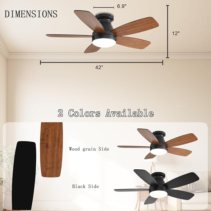 Ceiling Fans with Lights, 42 Inch Low Profile Ceiling Fan with Light and Remote/App Control, Flush Mount, Reversible, 3CCT
