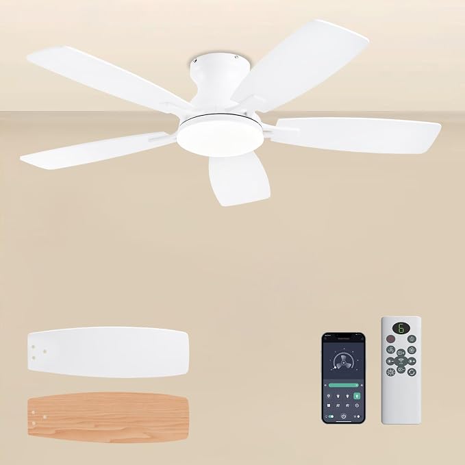 Ceiling Fans with Lights, 42 Inch Low Profile Ceiling Fan with Light and Remote Control, Flush Mount, DC Reversible Motor