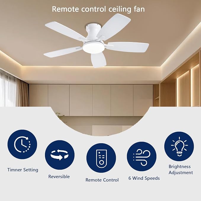 Ceiling Fans with Lights, 42 Inch Low Profile Ceiling Fan with Light and Remote Control, Flush Mount, DC Reversible Motor