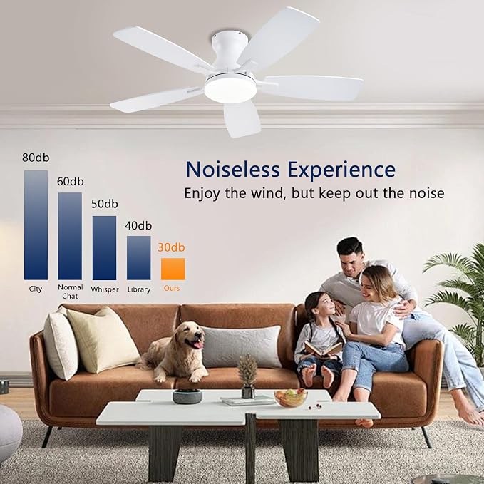 Ceiling Fans with Lights, 42 Inch Low Profile Ceiling Fan with Light and Remote Control, Flush Mount, DC Reversible Motor