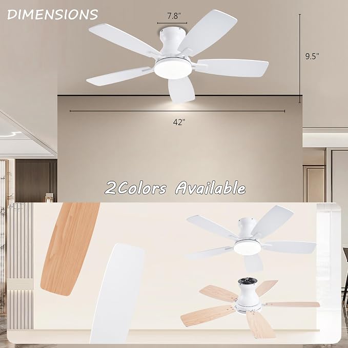 Ceiling Fans with Lights, 42 Inch Low Profile Ceiling Fan with Light and Remote Control, Flush Mount, DC Reversible Motor