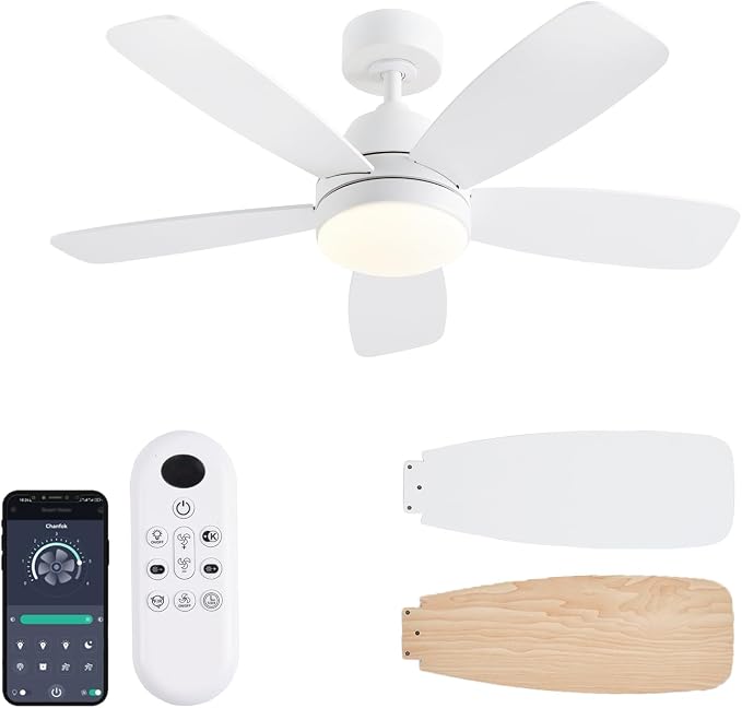 Ceiling Fans with Lights, 42 Inch Low Profile Ceiling Fan with Lights and Remote Control, LED Dimmable DC Reversible, 8