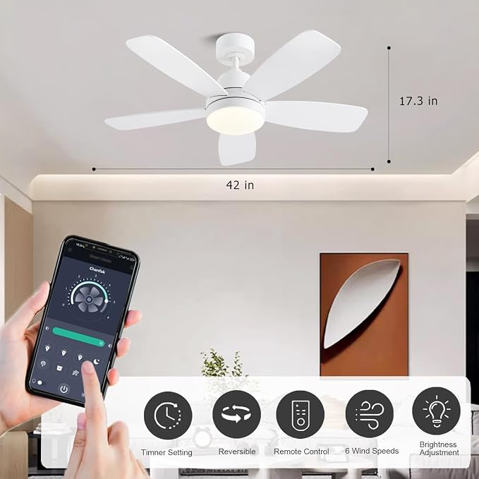 Ceiling Fans with Lights, 42 Inch Low Profile Ceiling Fan with Lights and Remote Control, LED Dimmable DC Reversible, 8