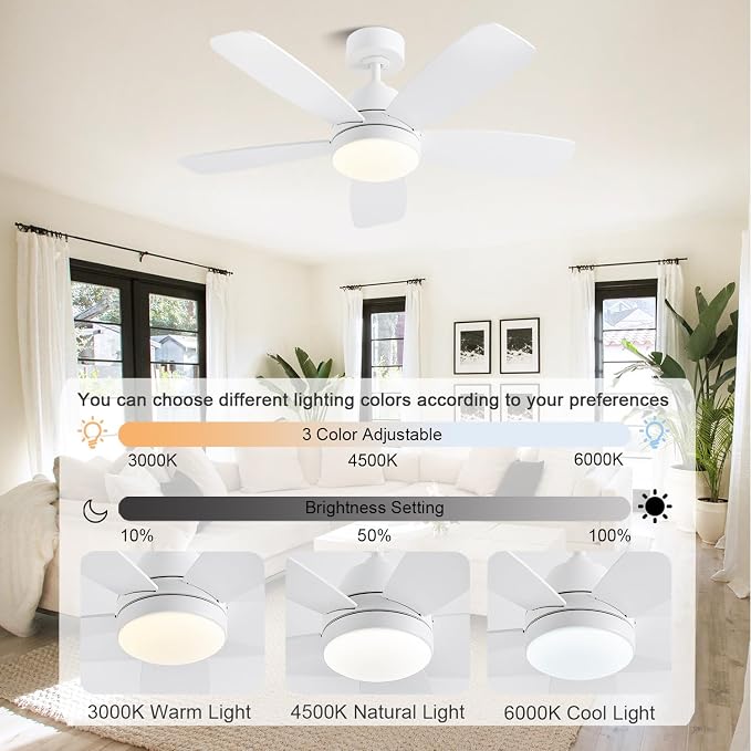 Ceiling Fans with Lights, 42 Inch Low Profile Ceiling Fan with Lights and Remote Control, LED Dimmable DC Reversible, 8