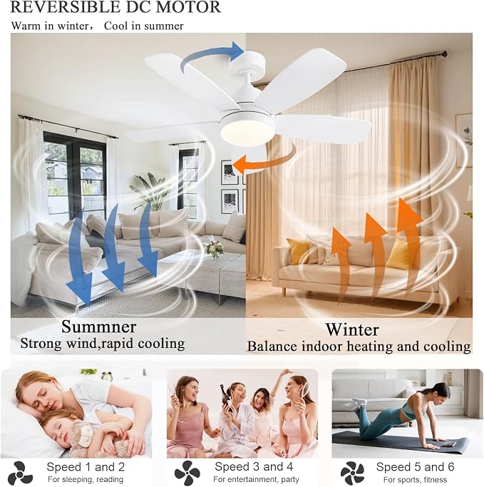 Ceiling Fans with Lights, 42 Inch Low Profile Ceiling Fan with Lights and Remote Control, LED Dimmable DC Reversible, 8