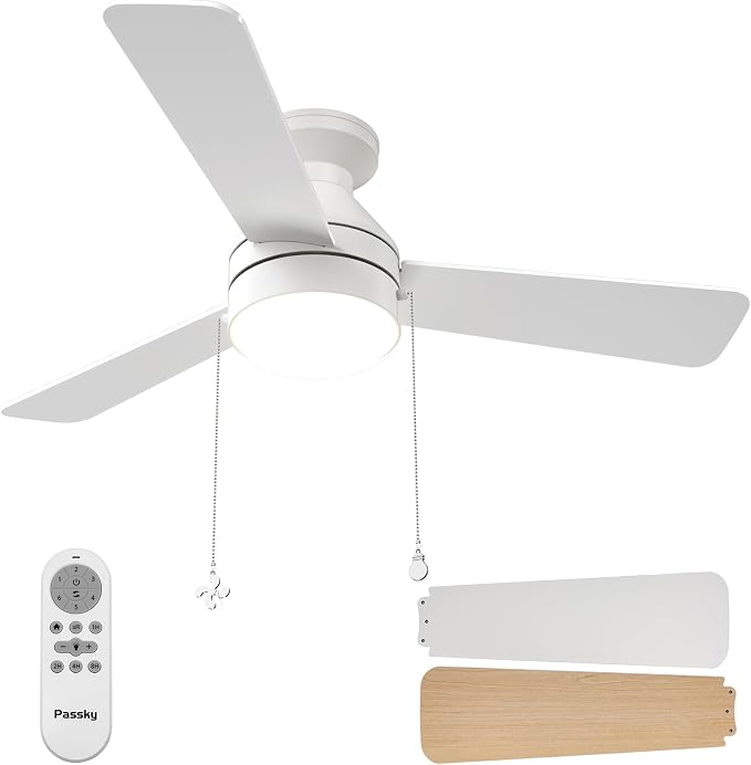 Ceiling Fans with Lights, 42 inch Low Profile Ceiling Fan with Pull Chain and Remote Control, Flush Mount, Reversible, 5CCT