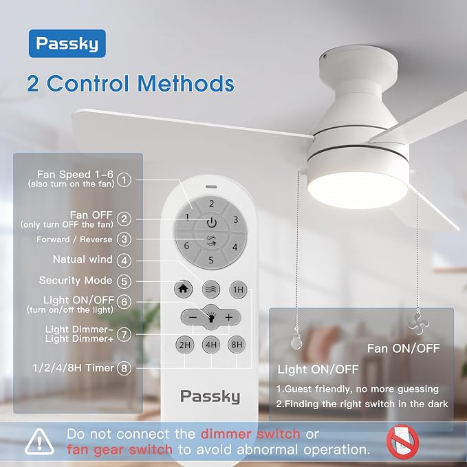 Ceiling Fans with Lights, 42 inch Low Profile Ceiling Fan with Pull Chain and Remote Control, Flush Mount, Reversible, 5CCT