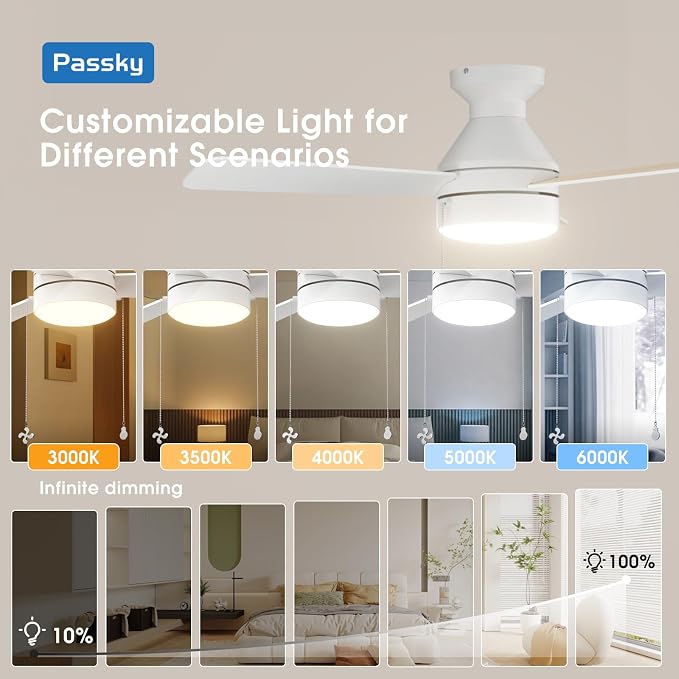 Ceiling Fans with Lights, 42 inch Low Profile Ceiling Fan with Pull Chain and Remote Control, Flush Mount, Reversible, 5CCT
