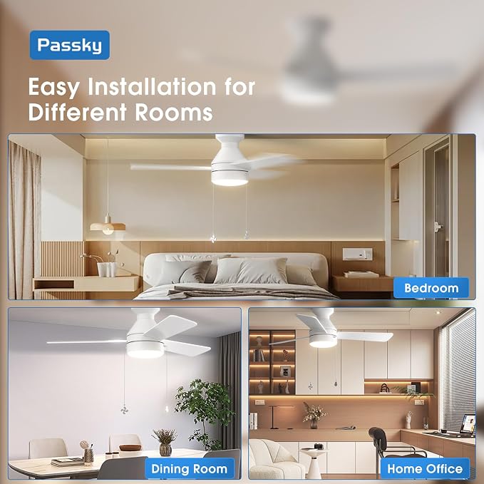 Ceiling Fans with Lights, 42 inch Low Profile Ceiling Fan with Pull Chain and Remote Control, Flush Mount, Reversible, 5CCT