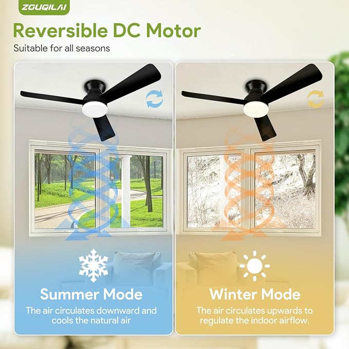 Ceiling Fans with Lights - 42 Inch Low Profile Ceiling Fan with Light and Remote, Reversible DC Motors, 3CCT Dimmable Timer