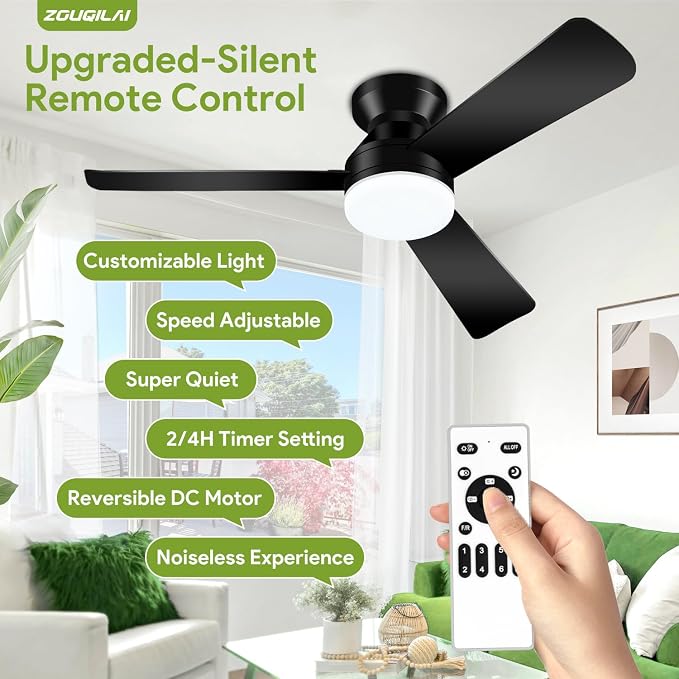 Ceiling Fans with Lights - 42 Inch Low Profile Ceiling Fan with Light and Remote, Reversible DC Motors, 3CCT Dimmable Timer