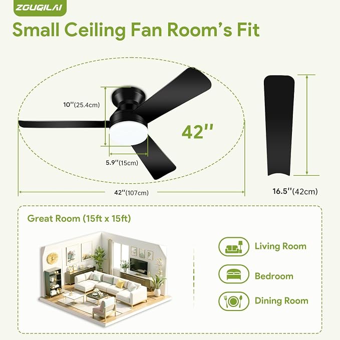 Ceiling Fans with Lights - 42 Inch Low Profile Ceiling Fan with Light and Remote, Reversible DC Motors, 3CCT Dimmable Timer