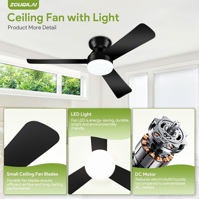 Ceiling Fans with Lights - 42 Inch Low Profile Ceiling Fan with Light and Remote, Reversible DC Motors, 3CCT Dimmable Timer
