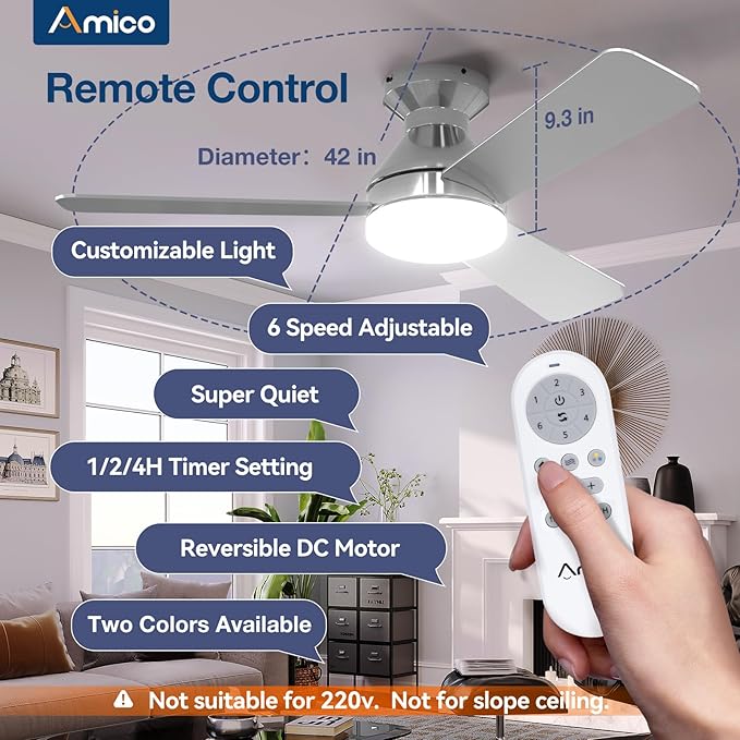 Ceiling Fans with Lights, 42 inch Low Profile Ceiling Fan with Light and Remote Control, Flush Mount, alternate view 2