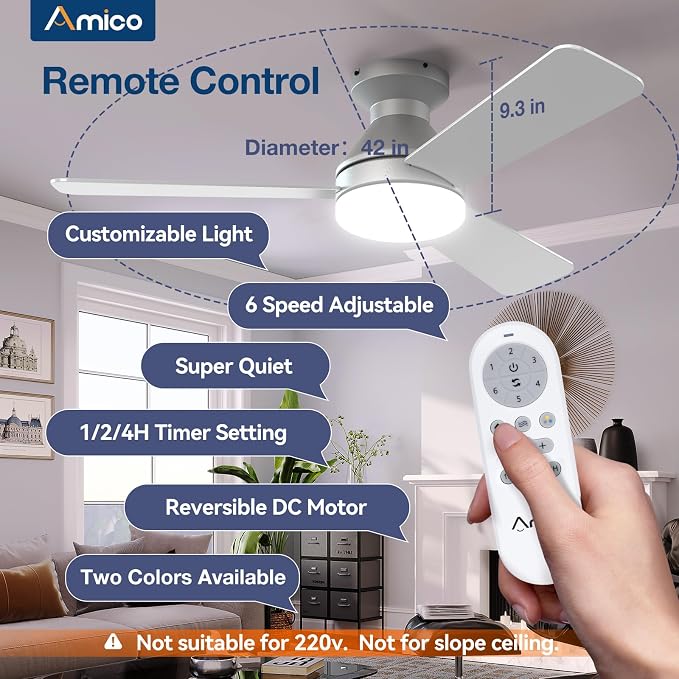 Ceiling Fans with Lights, 42 inch Low Profile Ceiling Fan with Light and Remote Control, Flush Mount, alternate view 2