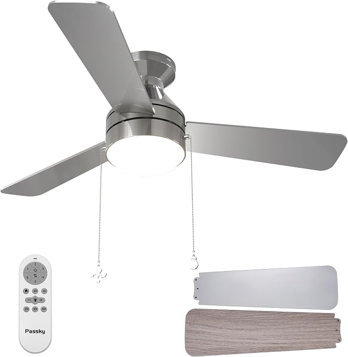 Ceiling Fans with Lights, 42 inch Low Profile Ceiling Fan with Pull Chain and Remote Control, Flush Mount